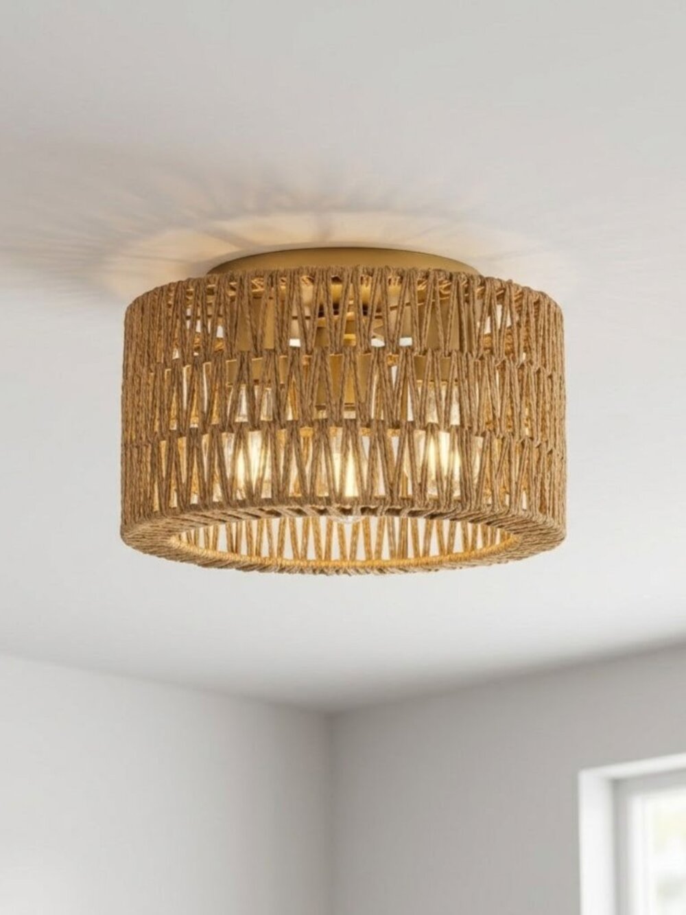 Rattan Ceiling Light Fixture 3-Light Bohemian Modern Woven Ceiling Boho 12.5"